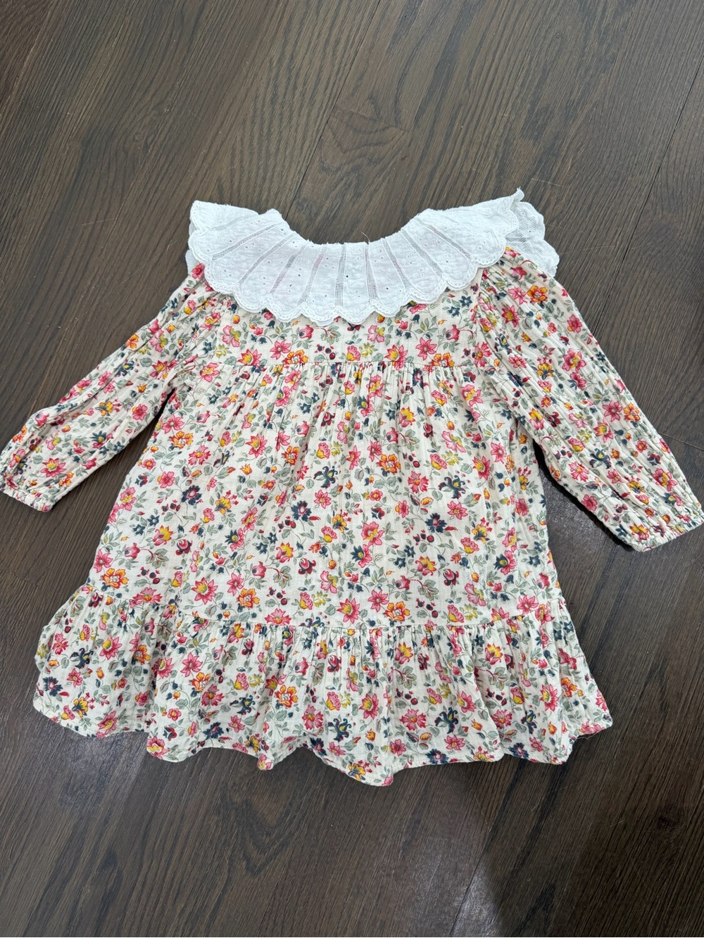 Girls Floral Ruffle Collar Dress - White & Pink